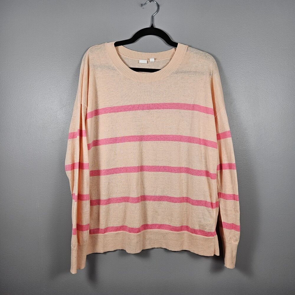 GAP Pullover Sweater pink/peach striped lightweight‎ linen blend Size Large